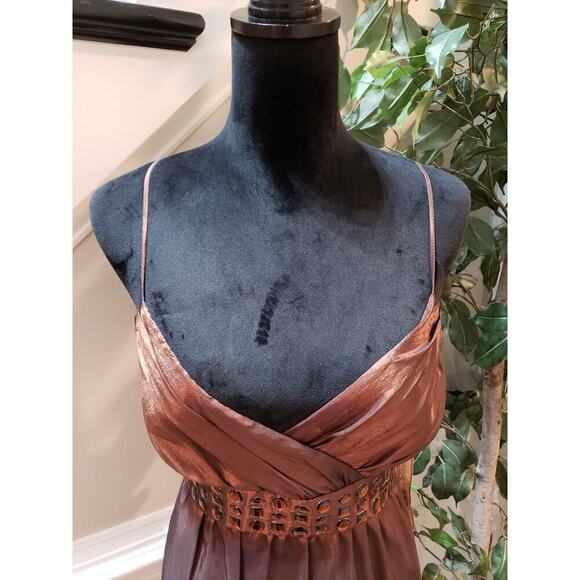 Roulette Women Brown Belted Spaghetti Straps Surplice Neck Knee Length Dress 12 - Picture 5 of 14